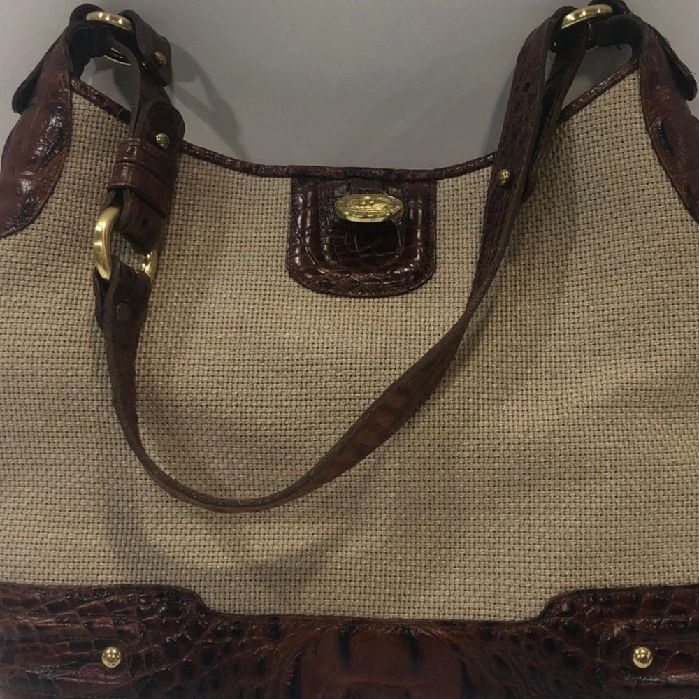 Women’s Brahmin Canvas Melbourne Trim Satchel Shoulder Tan/Brown Bag